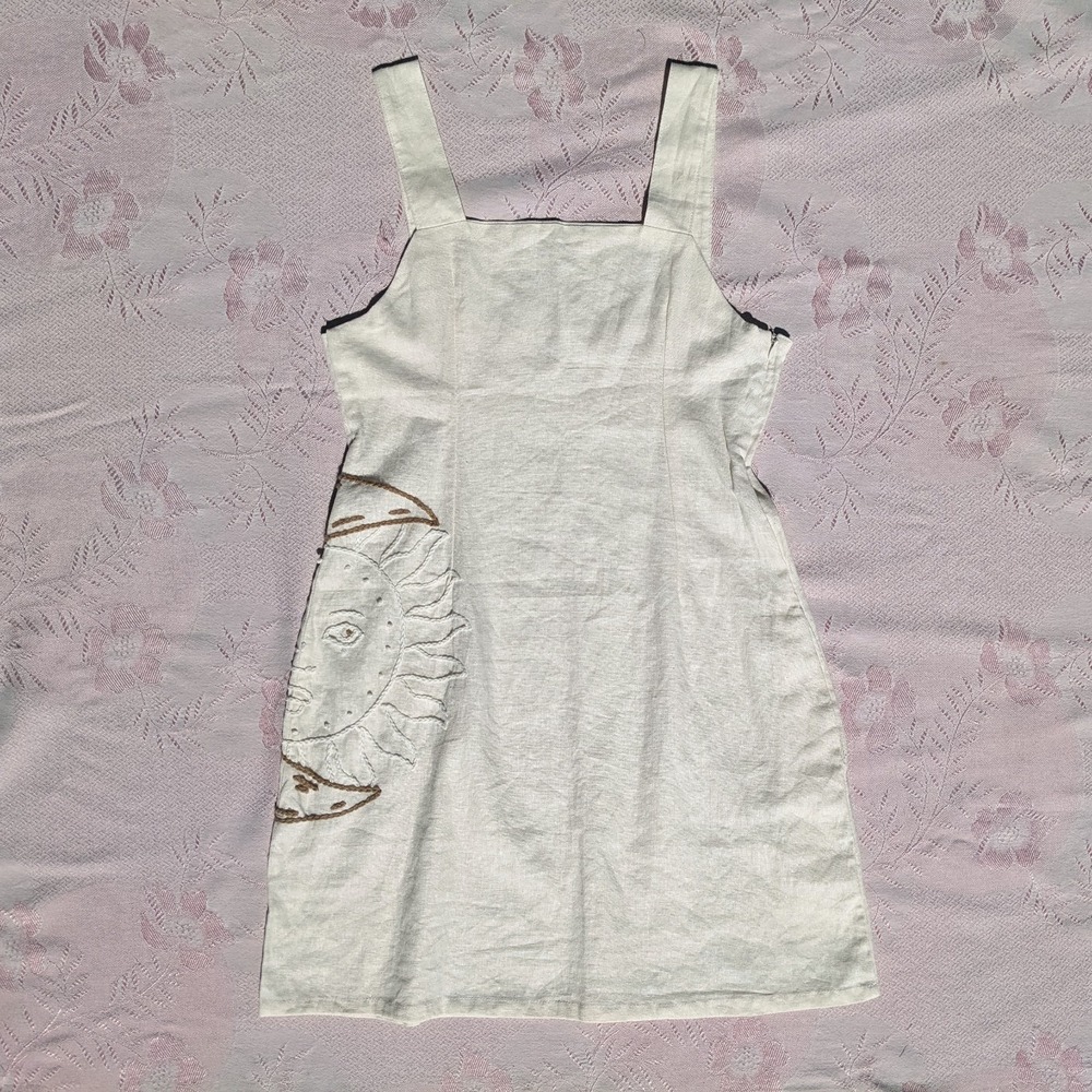 Celestial Embroidered Sheath Dress XXS Petite Cream Whimsigoth Mini Boho Linen?